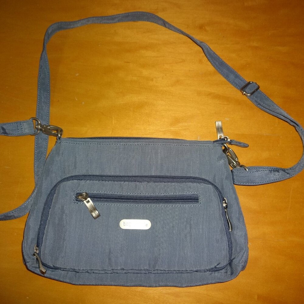 blue denim/green nylon BAGGALLINI multi-pocket adjust crossbody bag/purse 3 Zip